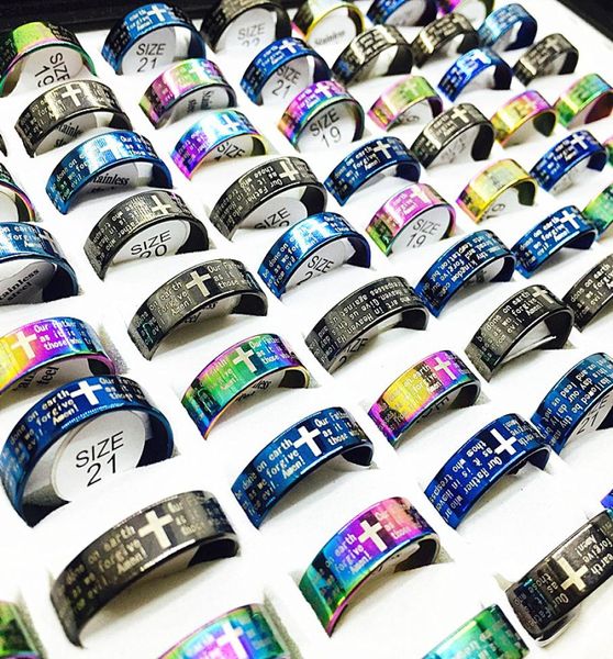 

whole 100pcs lord039s prayer in english cross stainless steel rings men women fashion god the serenity prayer ring mix colo9027949, Silver