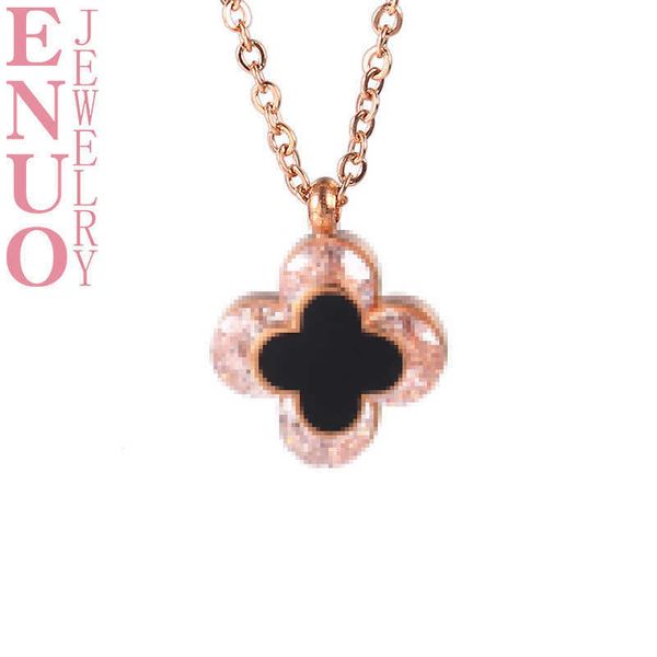 

pendant necklaces strands strings korean titanium steel plated 18k rose gold clover diamond inlaid necklace girls fashion clavicle chain pen, Silver