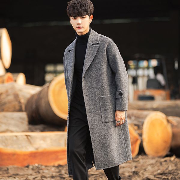 

men's wool blends autumn winter men's woolen coat midlong woolen coat long sleeve single breasted jackets male s122 221122, Black