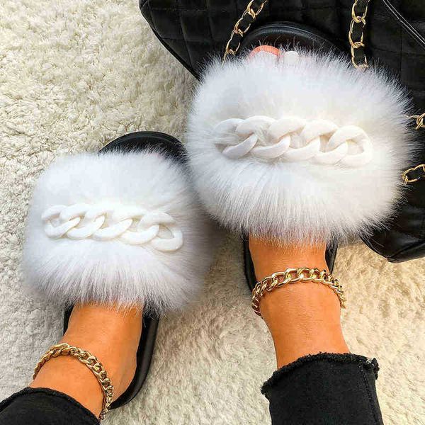 

slipper furry slipper fluffy women summer faux sandal designer chain plush raccoon slide beach home flat 220723, Black