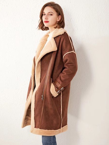 

women's leather faux ailegogo autumn winter women suede fur long jacket streetwear female moto biker brown coat lady thick warm outwear, Black
