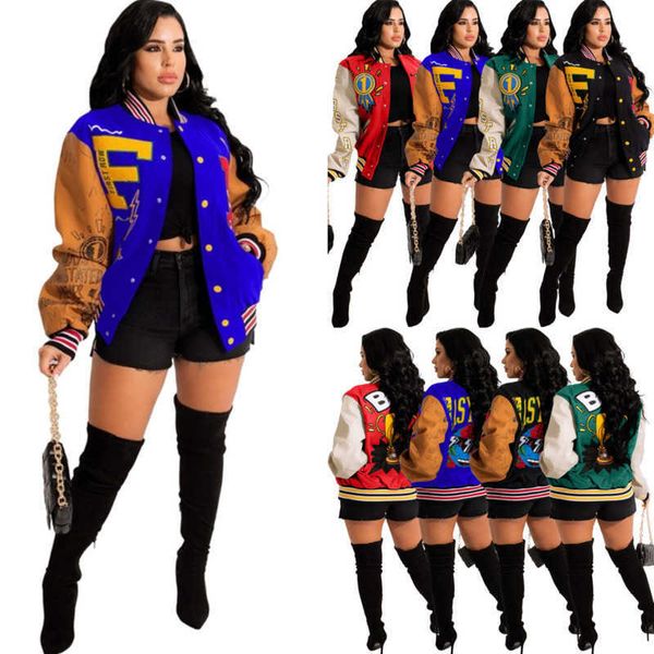 

retail womens baseball jacket warm coat fall winter printed stitching color coat blocking button buckle clip 5 colours, Black;brown