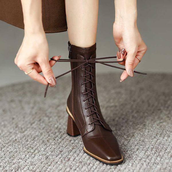 

boots slim british style small square head lace up martin boots women's autumn and winter 2022 new leather high heel elastic short boot, Black