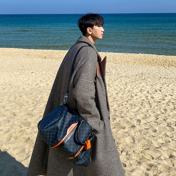 

men's wool blends 2023 winter men's loose woolen coat midlength plaid fashion thicken singlebreasted plus overcoat male s142 22112, Black