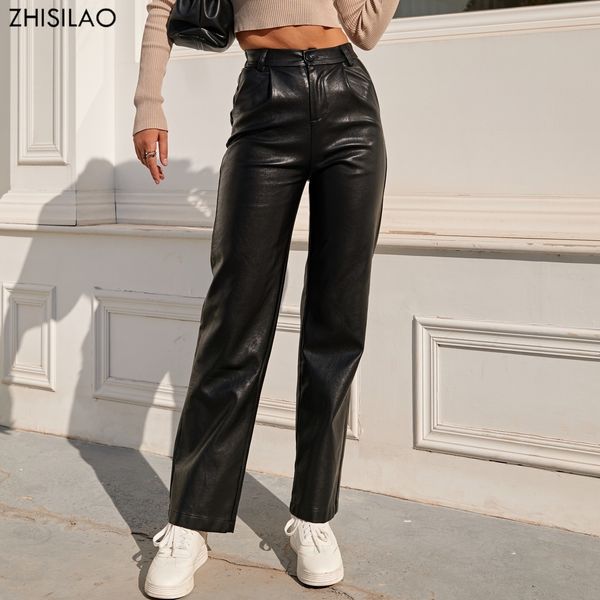 

women's pants capris zhisilao faux leather elastic waist cargo women streetwear vintage loose black straight trousers mujer spring 2211, Black;white