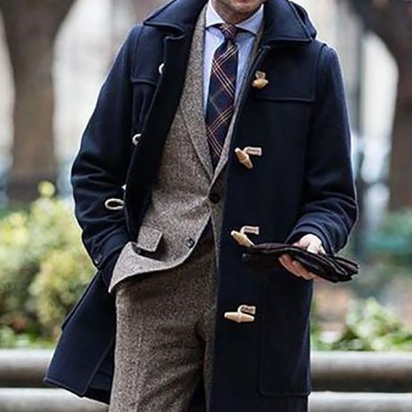 

men's wool blends trend autumn horn buckle coat men casual turn-down collar mid-length jacket winter long sleeve solid warm cardigan 22, Black
