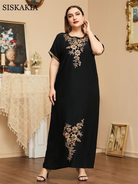 

plus size dresses ladies fashion dresses woman summer plus size round neck short sleeve vintage floral embroidery loose casual black dress 2