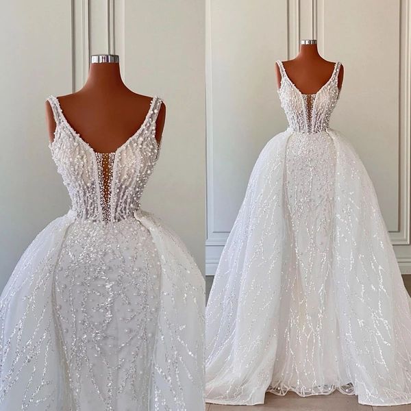 

gillter pearls mermaid wedding dresses with puffy detachable train 2023 v-neck lace beaded princess trumpet bridal gown, White