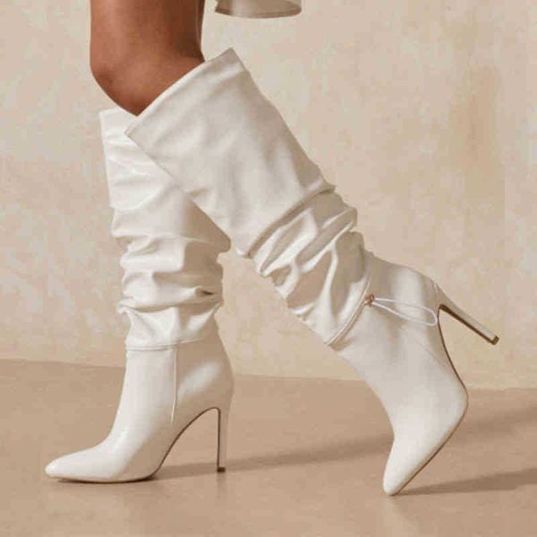 

boots arden furtado 2021 new winter fashion pointed head fold stilettos slip-on heels knee high boots ladies 220906, Black