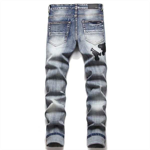 

patch biker jeans men's fashion slim vintage casual denim pants damage long moto trousers, Blue