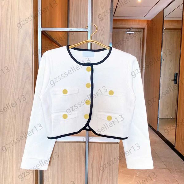 

womens sweater color contrast edge round neck long sleeves short knit sweaters custom buttons pocket irregular hem knitwear designer women c, White;black