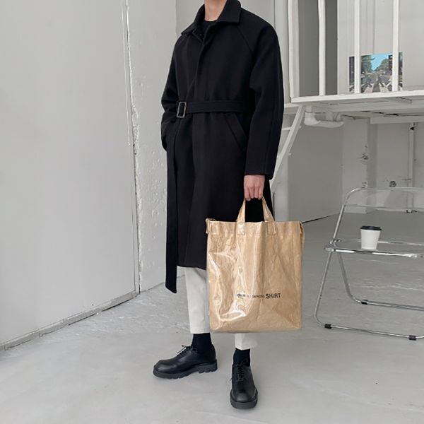 

men's wool blends 2023 korean fashion woolen coat men's long woolen trendy coat thickened handsome clothes with belt autumn winter, Black