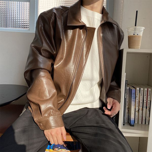 

men's leather faux iefb clothing autumn oversize coat korean trend loose casual pu jacket male zipper lapel clothes 9y4382 221122, Black