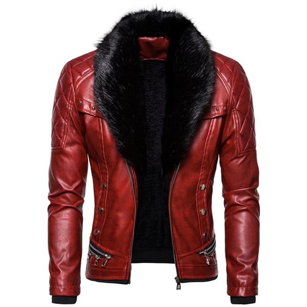 

men's leather faux leather autumn and winter men stand collar detachable fur collar punk style slim fleece warm men leather jacket 2211, Black