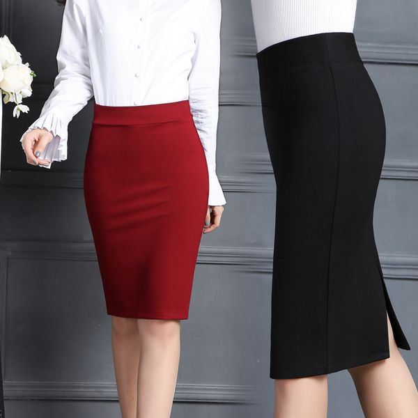 

skirts midi pencil skirt womens trend elastic high waist office lady bodycon kneelength straight elegant slit formal suit 221122, Black