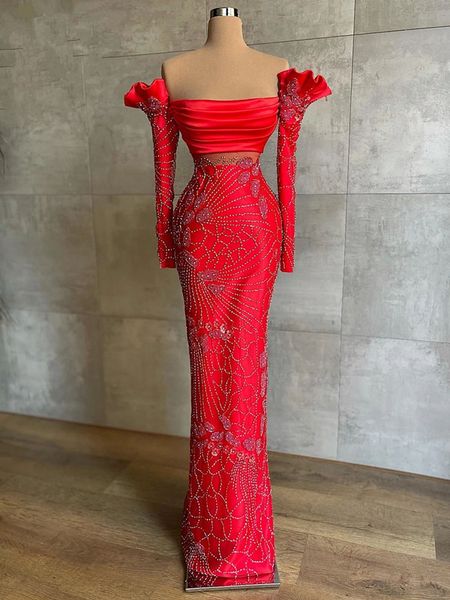 

elegant red prom dresses beaded off the shoulder party dresses long sleeves mermaid custom made evening dress, Black;red