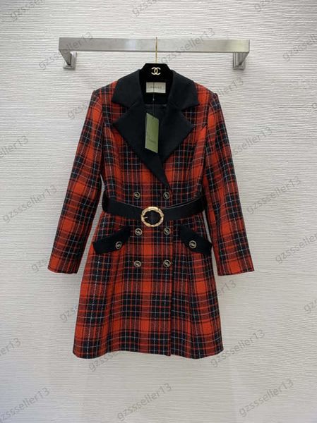 

womens wool coat blends checked woollen contrast color lapel leather belt collect waist trench coats double breasted vintage design skirt ou, Black