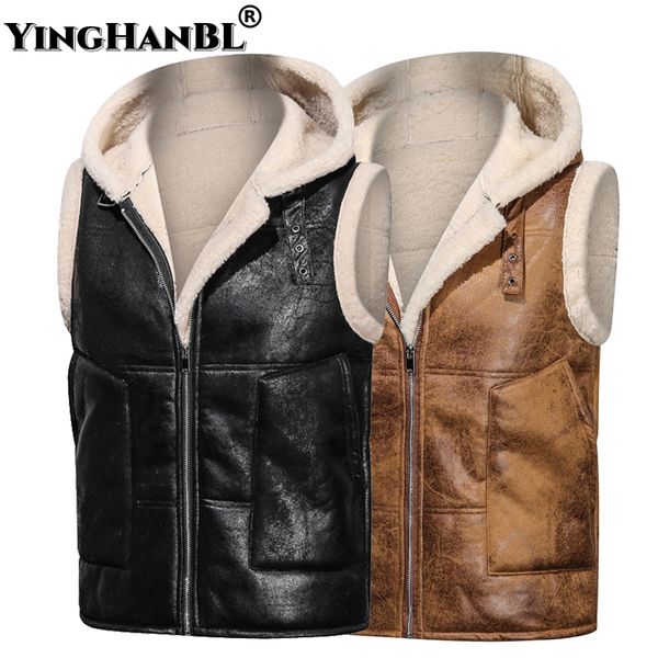 

mens vests autumn winter men leather vest jacket fleece thicken retro suede fur warm velvet cotton zip hoodies motorcycle coat 221122, Black;white