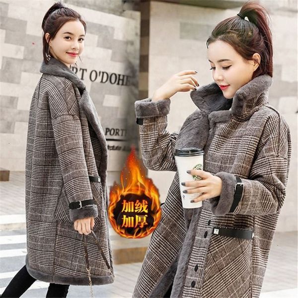 

women's wool blends autumn winter faux lamb wool jacket 3xl thicken parkas loose plaid long coat female casual warm woolen outwear 2211, Black