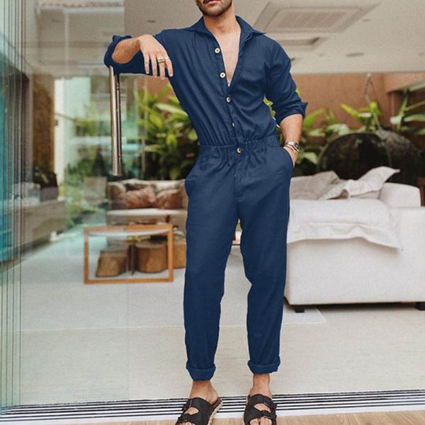 

men s pants lounge jumpsuits men mens spring and autumn fashion leisure solid color lapel pocket buckle overalls jumpsuit sweat set 221123, Black