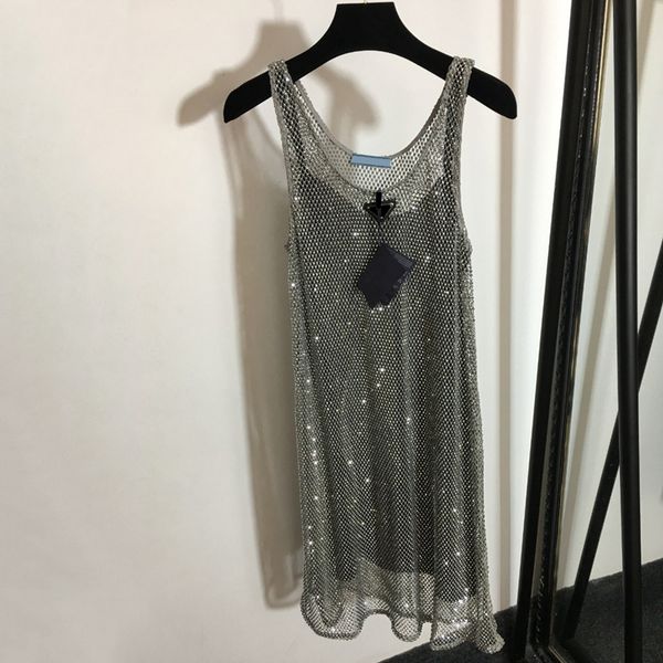 

shiny rhinestone mesh vest dresses with base skirt designer ladies party night club silver dress, Black;gray