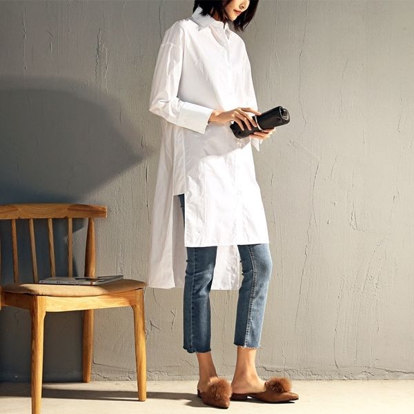 

women's jumpsuits rompers long blouse women casual irregular hem full long sleeve drop shoulder loose cotton white female brief blue s, Black;white