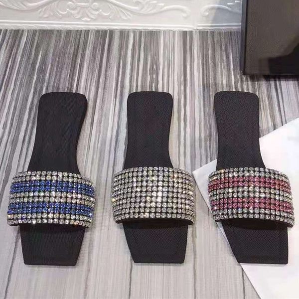 

designer women slippers slide diamond silk square head flat bottom genuine leather outsole silver pink blue sandals, Black