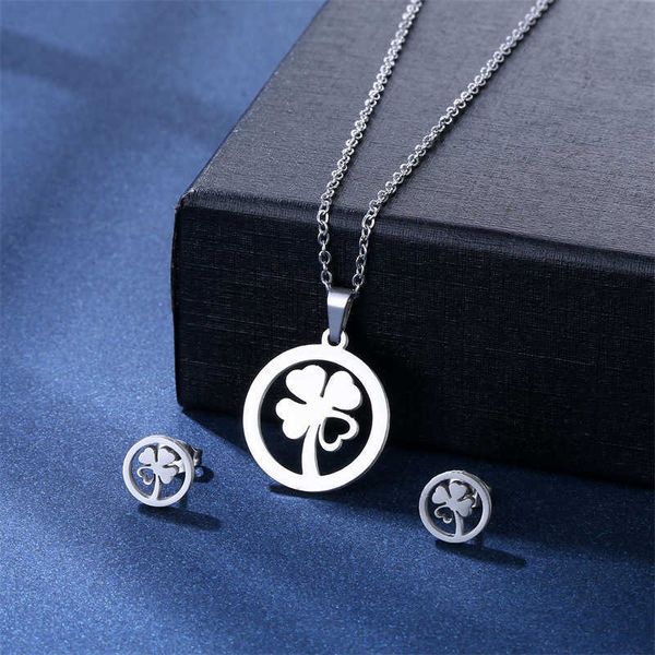 

s chokers jewelry lucky earnail set female stainless steel four leaf grass pendant necklace sweater chain, Silver