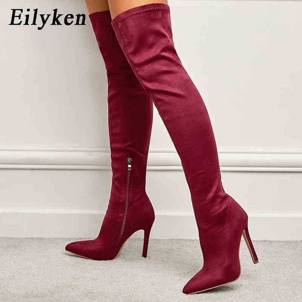 

boots fashion pointed toe over the knee boots super stiletto heels women thigh high stretch autumn winter flock long booties 220913, Black