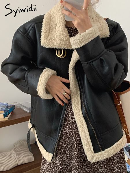 

women's fur faux syiwidii coat winter jacket lambswool sheepskin loose warm thicken locomotive female black chic pu outwear 221123