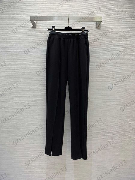 

fashion women pants waist webbing printed straight casual pant pure cotton fabric elastic slit loose slimming trousers commuting style women, Black;white
