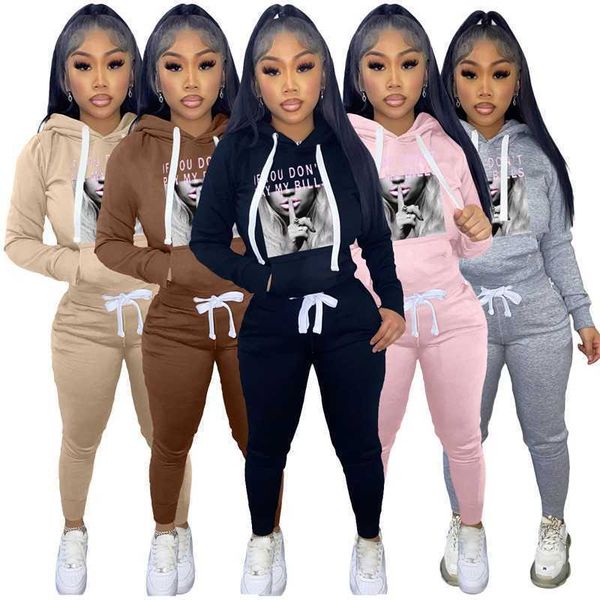 

fashion womens tracksuits autumn winter casual plush drawstring printed sweatsuits hoodie sweatpants two piece matching set, Gray