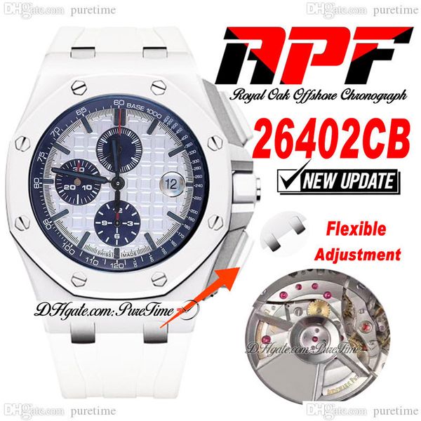 

apf 2640 a3126 automatic chronograph mens watch 44mm white ceramic case textured dial stick markers rubber super edition puretime strap excl, Slivery;brown