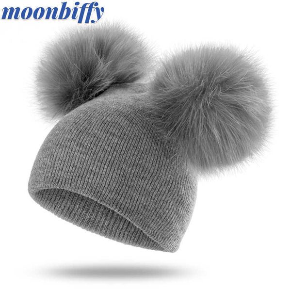 

caps hats winter warm children knitted hat toddler kids baby wool knit beanie cap windproof big pompom boys girls fur pom l221028, Yellow