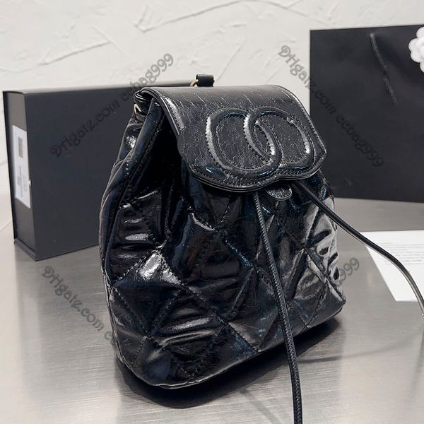 

vintage black patent leather backpack style embroidered letter badge quilted designer handbags flap plain color double chains multi pochette