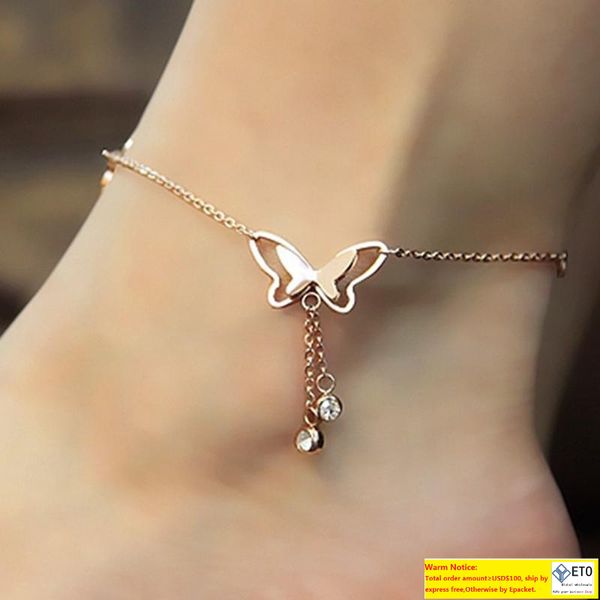 

butterfly pendant anklets foot chain for women summer yoga beach leg ankle bracelet girls handmade rose gold silver fashion jewelry, Red;blue