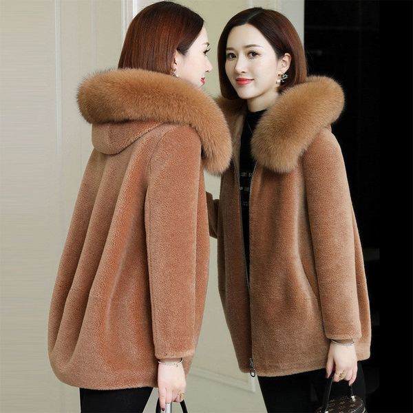 

women's fur faux hooded thicken fur coat mother lamb wool jacket fashion winter loose short overcoat plus size warm female parkas coats, Black