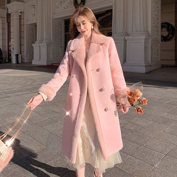 

women's wool blends women winter plush lining thick warm elegant pink faux fur coat female lapel fairy woolen coats lady pearl button o, Black