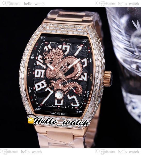 

44mm vanguard v45 automatic mens watch 3d dragon king black dial paved rectangle diamonds dial stick iced out diamond rose gold steel bracel, Slivery;brown