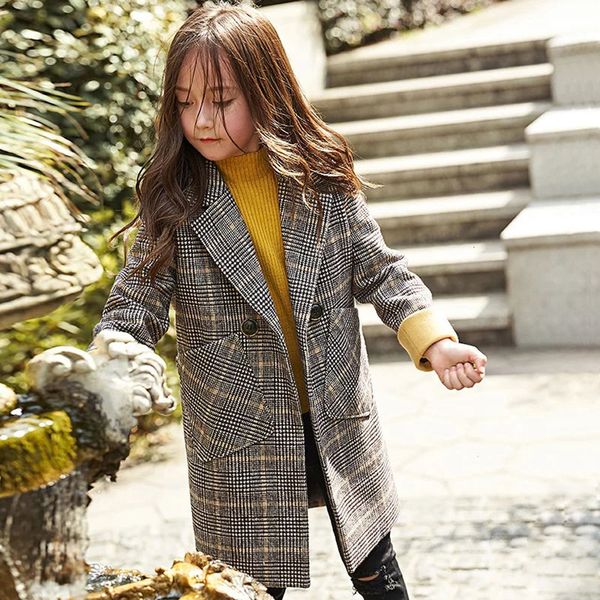 

coat winter kids girl overcoat fashion wool for girls teens toddler long casual warm outerwear children plaid woolen 221122, Blue;gray