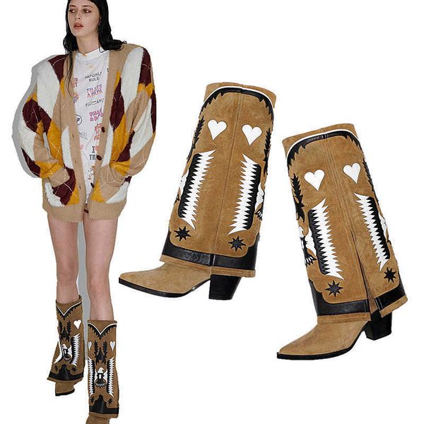 

spring and summer new thick heeled high heeled boots spelling color walking western boots female cowhide pointed shoes 221201, Black