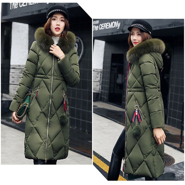 

women jacket parkas womens winter coat puffer jackets long coats hooded big fur zipper up down cotton coats jacke woman, Black