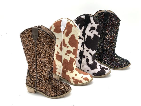 

boots cow print leather fringe western little girls boys toddler children kids cowboy long boots shoes l221205, Black;grey