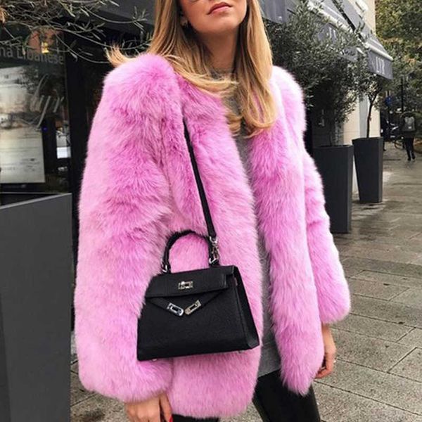 

women's wool blends winter new warm large medium and long fur coat jacket artificial fox rabbit fur, Black