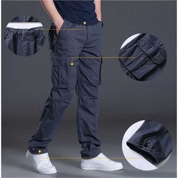 

men's pants spring mens cargo tactical multi-pocket overalls male combat cotton loose slacks trousers army military straight x0611, Black