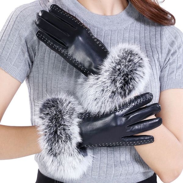 

Women Desigenr Leather Gloves Winter Fur Mittens PU Five Fingers Black With Tag Wholesale