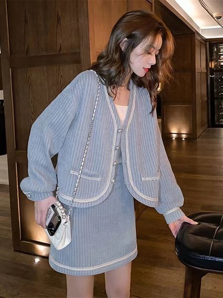 

two piece dress spring autumn two piece set women long sleeve v neck pockets women coat mini skirt fashion elegant female slim simple clothi, White