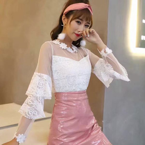 

women's jumpsuits rompers women hollow out mesh blouse summer sweet floral ruffles lace shirts ladies long sleeve bottoming blouses blu, Black;white