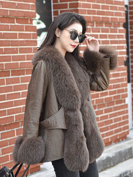 

women's wool blends fox fur coat medium long 2022 winter new young fashion loose haining leather down jacket, Black