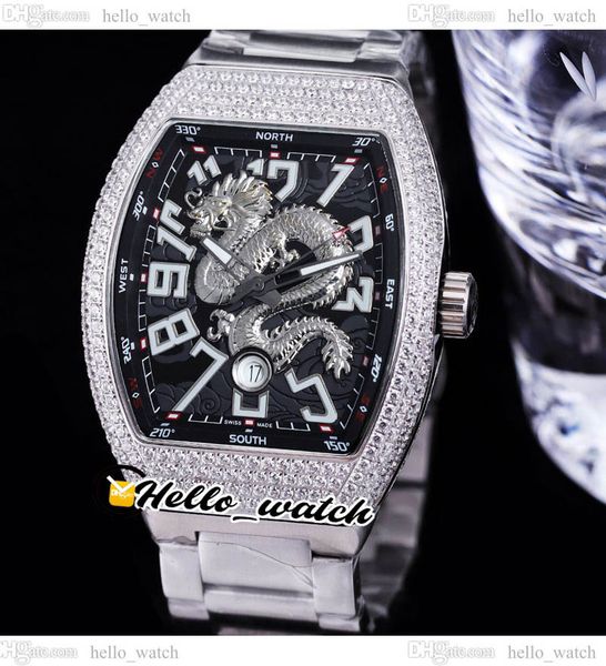 

44mm vanguard v45 automatic mens watch 3d dragon king black dial diamonds case stainless steel bracelet new watches hellowatch hwfm e242c2, Slivery;brown